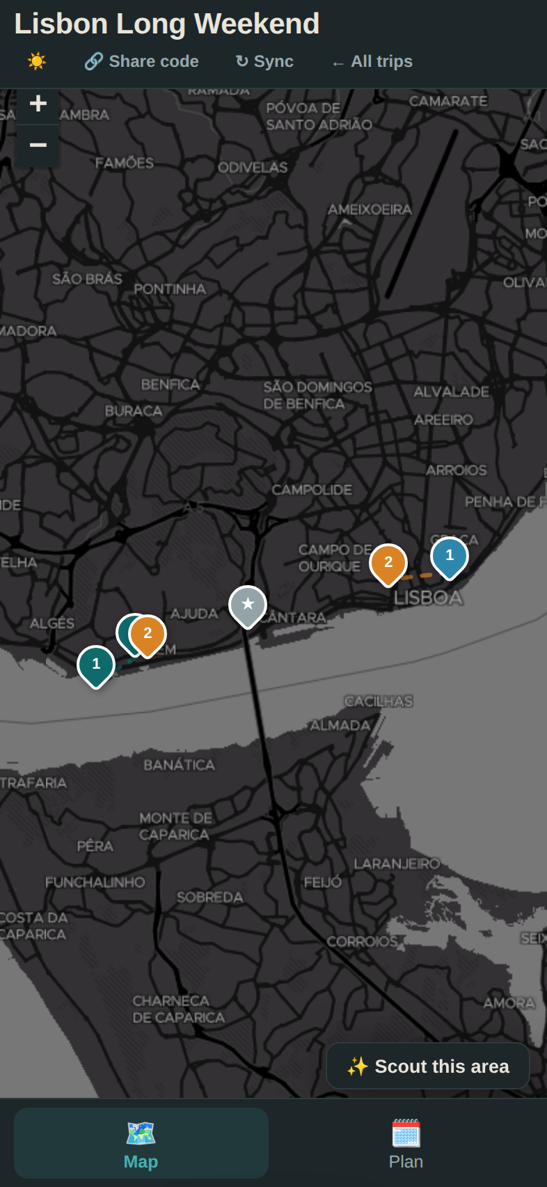 Night mode map of Lisbon with dark tiles and trip markers