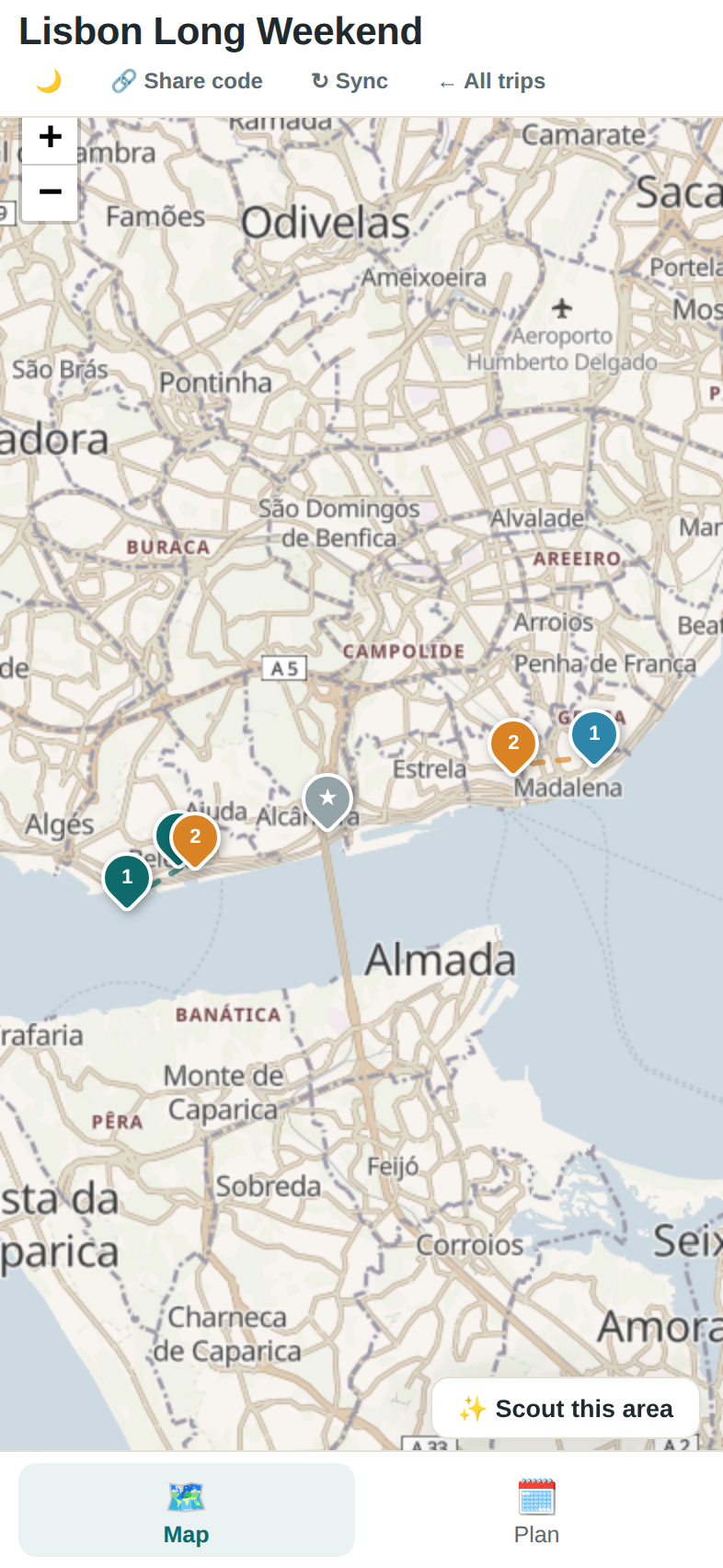 Map screen showing numbered trip stops around Lisbon